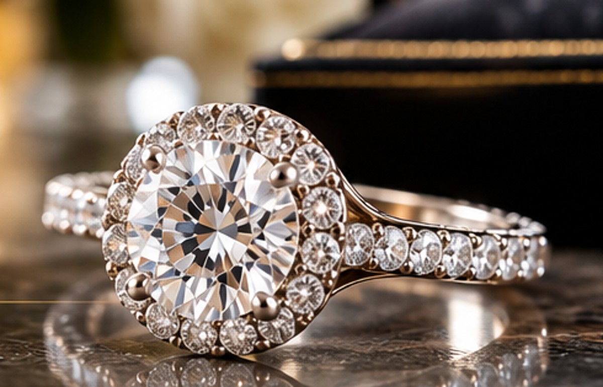 Close-up of a diamond ring with a sparkling halo setting