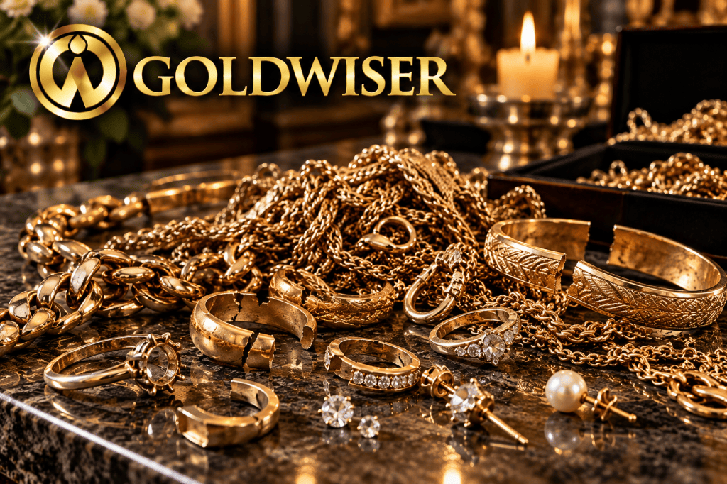 Broken gold rings, tangled chains and jewelry on marble with GoldWiser branding