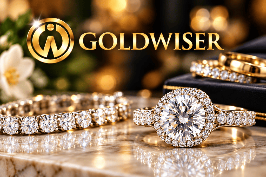 Diamond engagement ring and tennis bracelet with GoldWiser branding