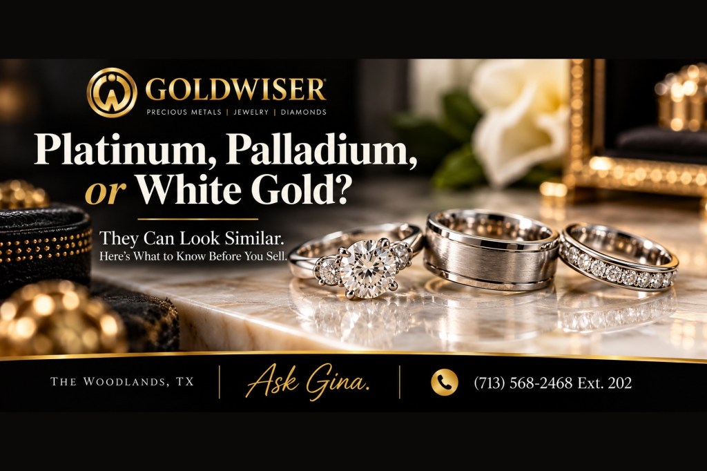 GoldWiser correct gold emblem logo above platinum, palladium and white gold jewelry with Ask Gina contact details.
