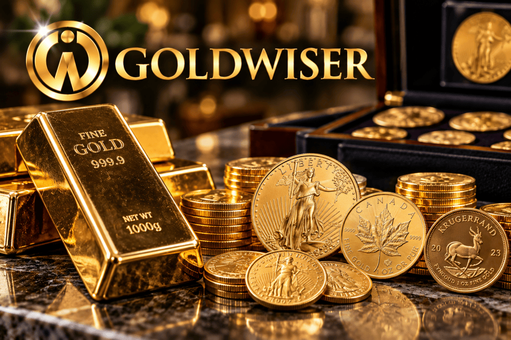 Illustrative gold bullion bars and coins with GoldWiser branding