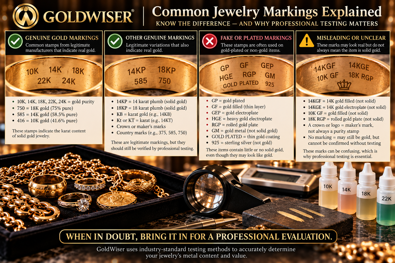 GoldWiser guide to legitimate gold markings including 14KP, gold-plated and gold-filled marks, and professional testing
