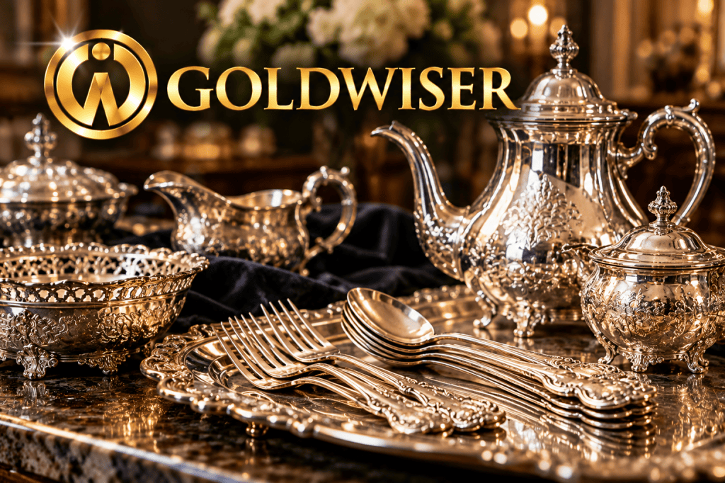 Illustrative sterling silver tea service and flatware with GoldWiser branding