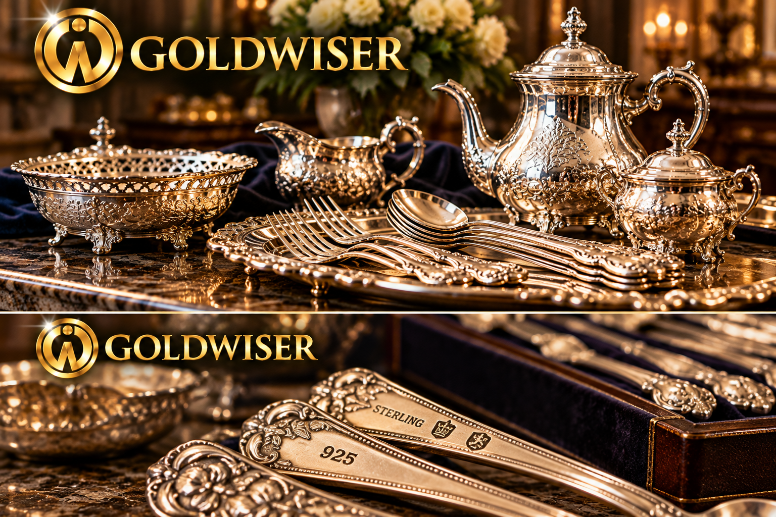 Illustrative silver tea set and silverware markings; actual hallmarks require professional verification