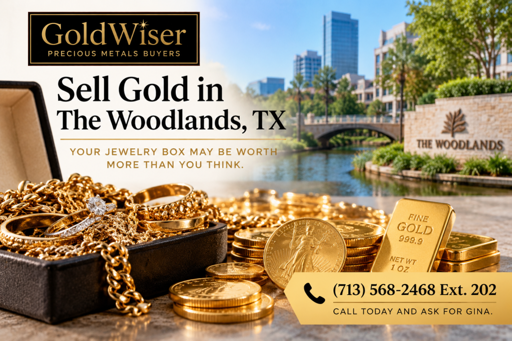 GoldWiser advertisement for selling gold in The Woodlands, Texas, featuring gold jewelry, coins and bullion with contact information for Gina.