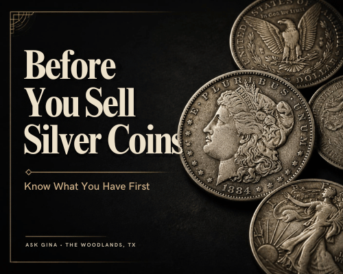 Ask Gina educational graphic about what to know before selling silver coins in The Woodlands, Texas.