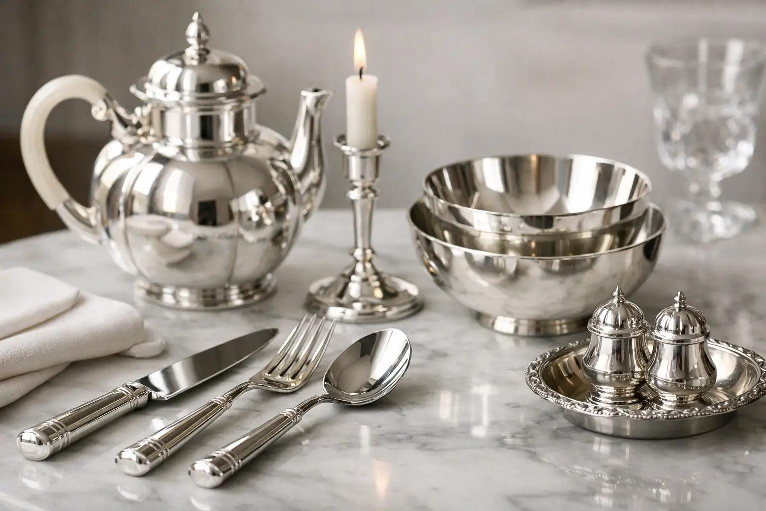 Silver tea service with a lit candle, bowls, and flatware on marble